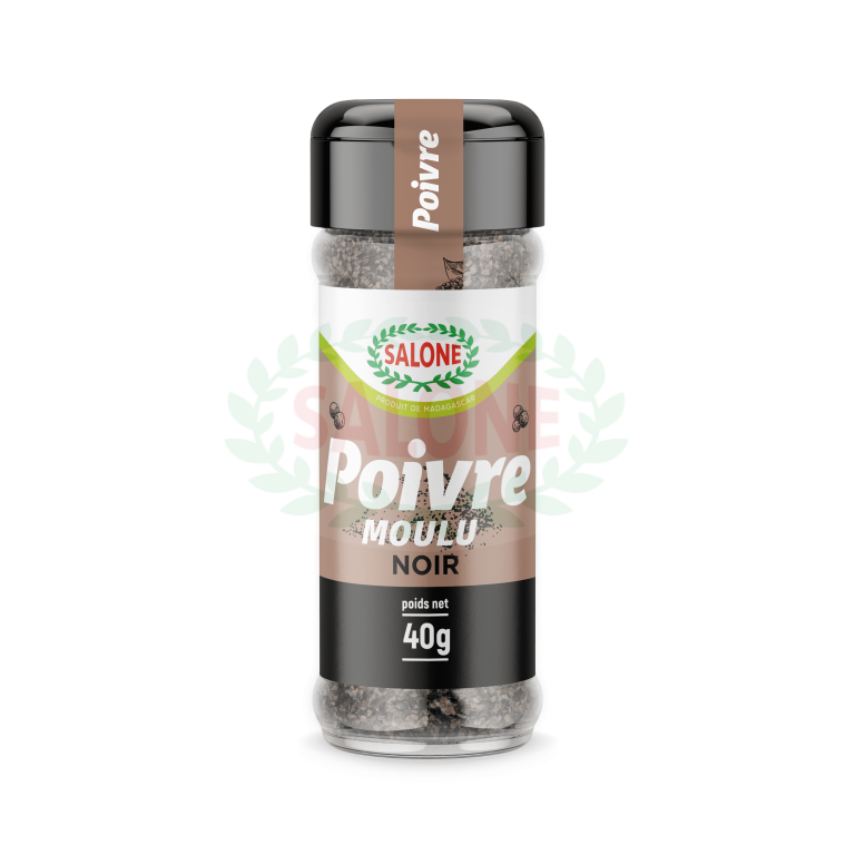 Récipient contenant du poivre moulu noir 40g.