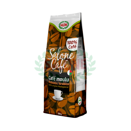 Paquet de café moulu marron Salone, de 250 g, avec des grains de café et une tasse de café illustrés sur l'emballage.
