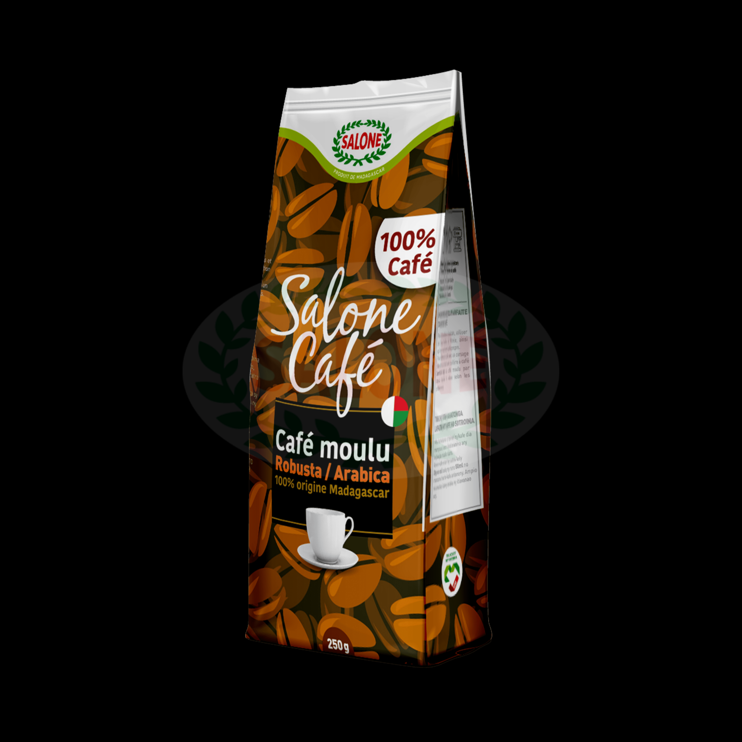 café marron Paquet de café moulu marron Salone, de 250 g, avec des grains de café et une tasse de café illustrés sur l'emballage.