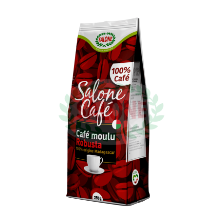 Paquet de café moulu rouge Salone , de 250 g, avec des grains de café et une tasse de café illustrés sur l'emballage.