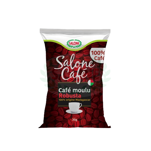 20g-robusta Paquet de café moulu Salone, de 20 g, avec des grains de café et une tasse de café illustrés sur l'emballage.
